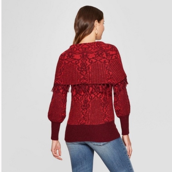 Knox Rose Burgundy / Red Fringed Cowl Neck Sweater - Picture 2 of 4